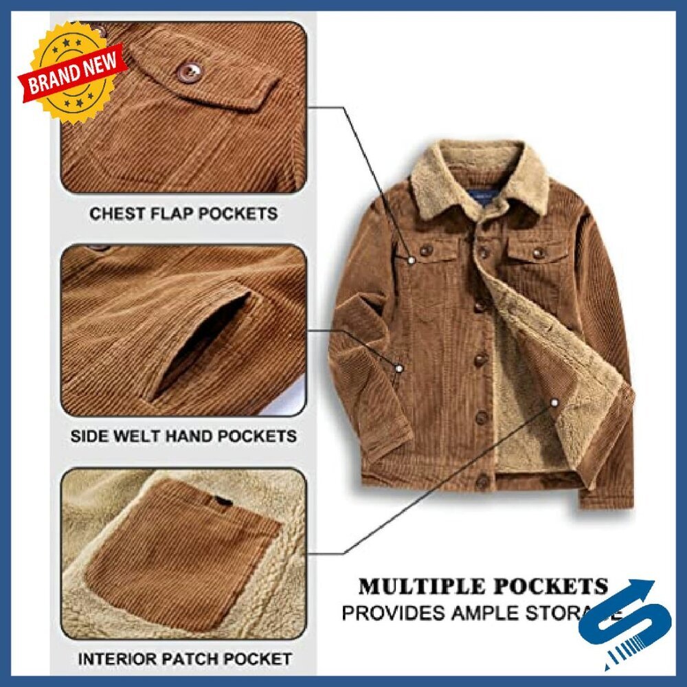 Men's Corduroy Sherpa Lined Trucker Jacket Heavyweight Cotton Winter Coat - Picture 6 of 8